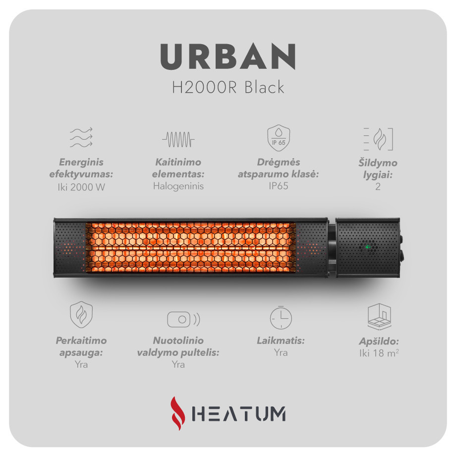 Pastatomas Infraraudonųjų spindulių šildytuvas Heatum H2000R URBAN Black su trikoju stovu