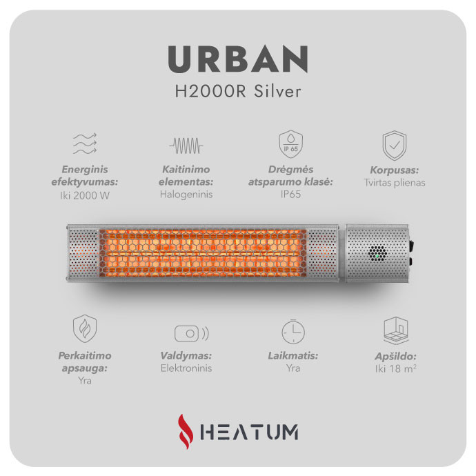 Pastatomas Infraraudonųjų spindulių šildytuvas Heatum H2000R URBAN SILVER su trikoju stovu