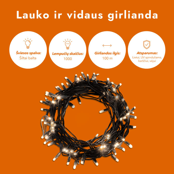 Lauko ir vidaus girlianda (LED lemputės) 100 m PROLED juoda 7
