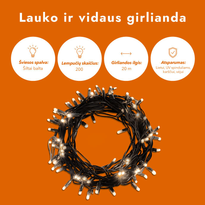 Lauko ir vidaus girlianda (LED lemputės) 20 m PROLED juoda Lauko ir vidaus girlianda (LED lemputės) 20 m PROLED juoda