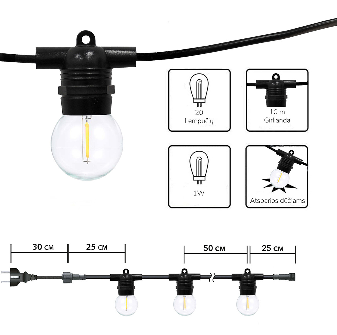 Lauko girlianda (LED lemputės) 10 m Glow juoda