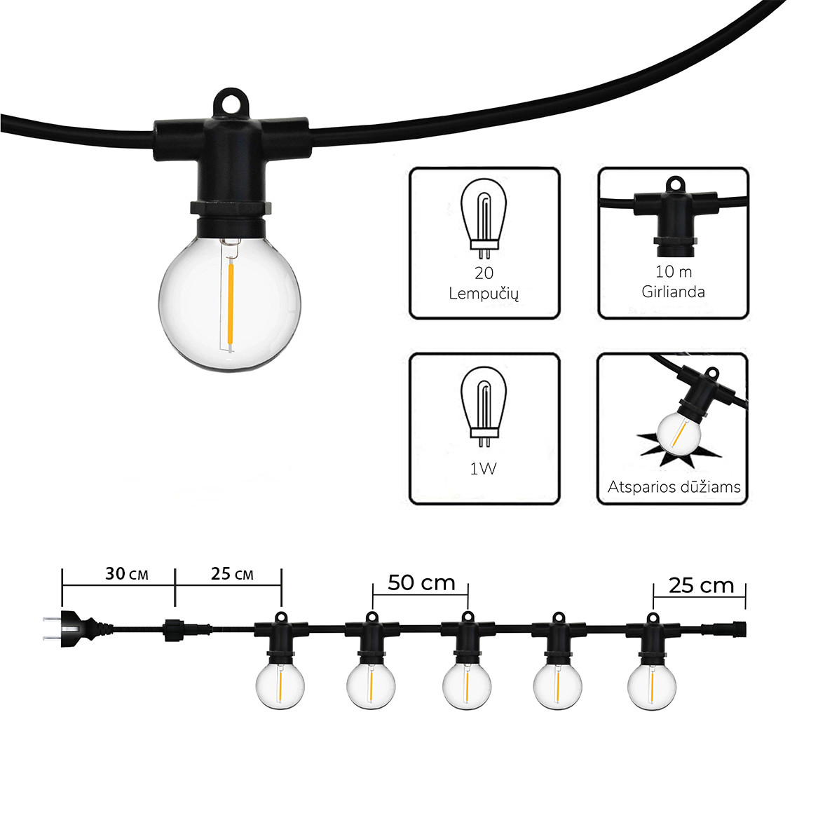 Lauko girlianda (LED lemputės) 10 m Perl juoda