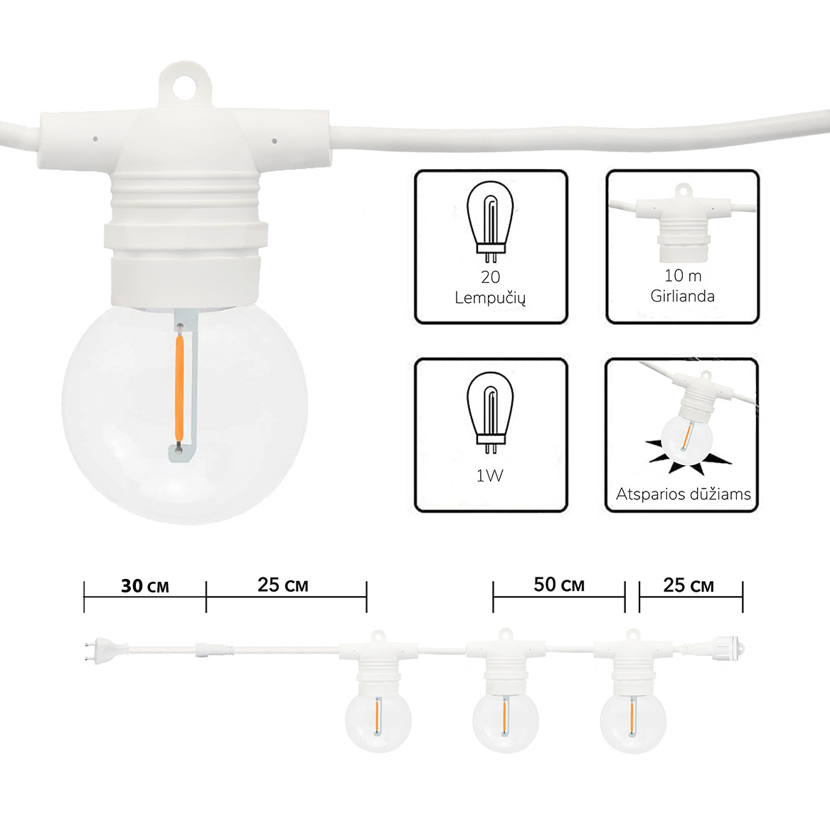 Lauko girlianda (LED lemputės) 10 m Glow balta