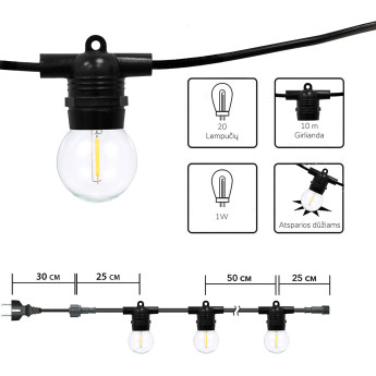 Lauko girlianda (LED lemputės) 30 m Glow juoda