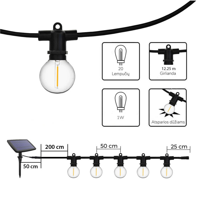 Lauko girlianda su saulės baterija (LED) Perl Juoda